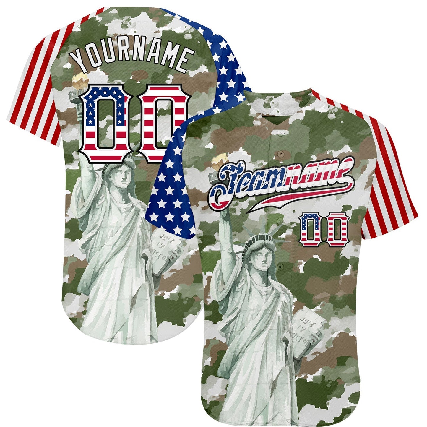 Custom Camo USA Flag Red Blue Black-White Statue Of Liberty Patriotic Stars & Stripes Raglan Sleeves Authentic Baseball Jersey baseball jersey product view 1