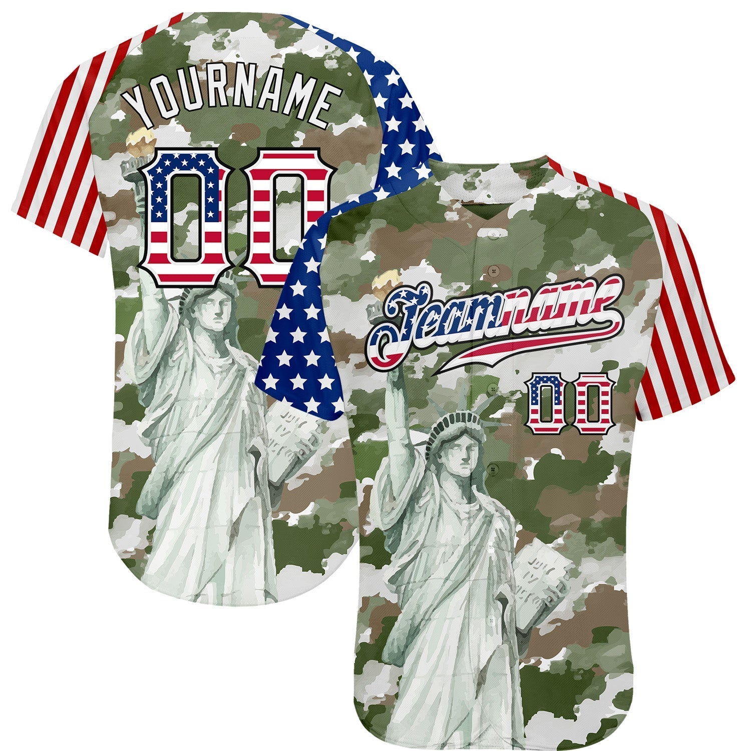 Custom Camo USA Flag Red Blue Black-White Statue Of Liberty Patriotic Stars & Stripes Raglan Sleeves Authentic Baseball Jersey baseball jersey product view 1