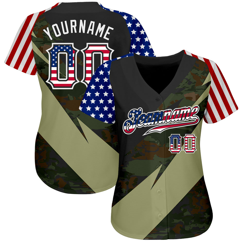 Custom Camo USA Flag Red Blue Black-White Patriotic Stars & Stripes Raglan Sleeves Authentic Baseball Jersey baseball jersey product view 2