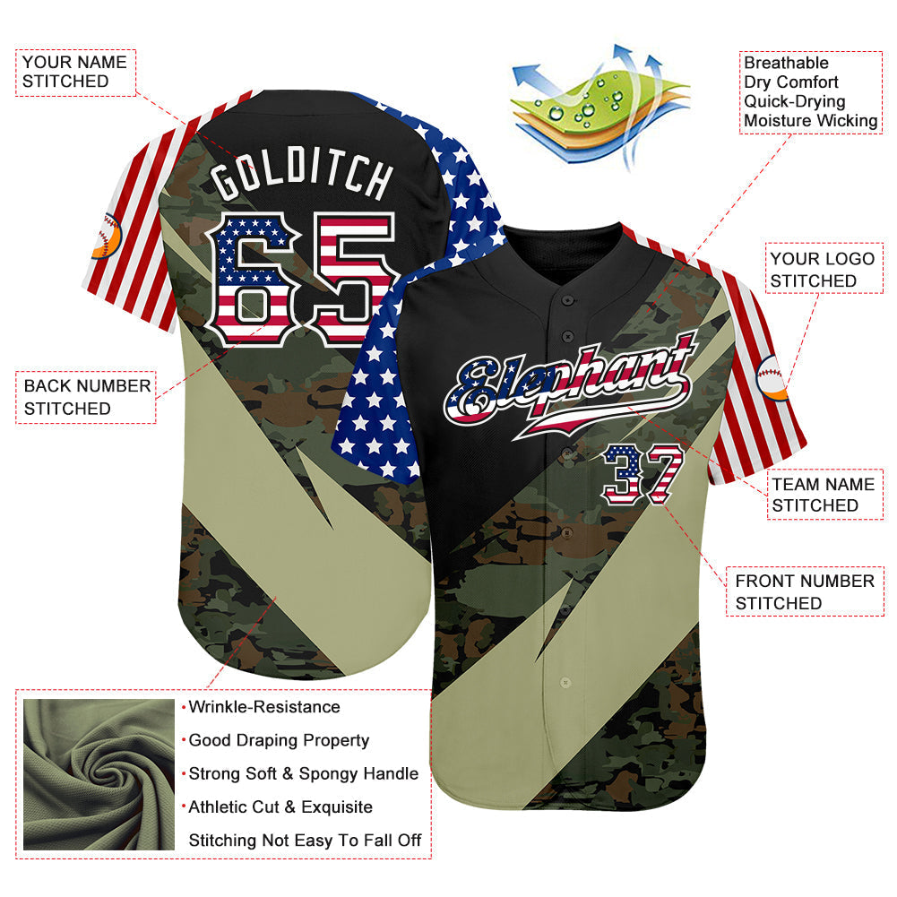 Custom Camo USA Flag Red Blue Black-White Patriotic Stars & Stripes Raglan Sleeves Authentic Baseball Jersey baseball jersey product view 3