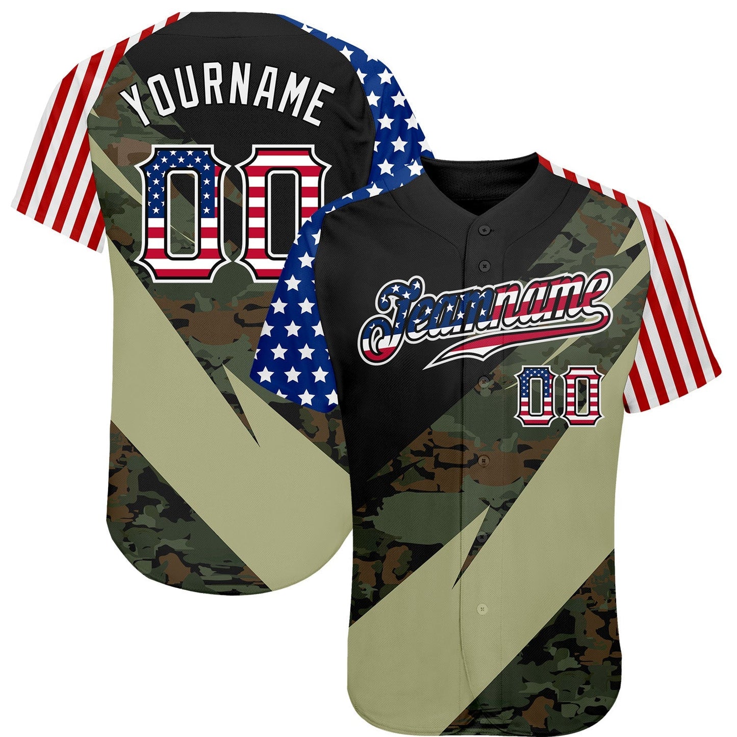Custom Camo USA Flag Red Blue Black-White Patriotic Stars & Stripes Raglan Sleeves Authentic Baseball Jersey baseball jersey product view 1