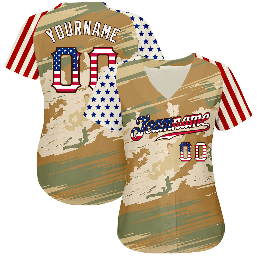 Custom Camo USA Flag Cream-Brown Patriotic Desert Camouflage Stars & Stripes Raglan Sleeves Authentic Baseball Jersey baseball jersey product view 2