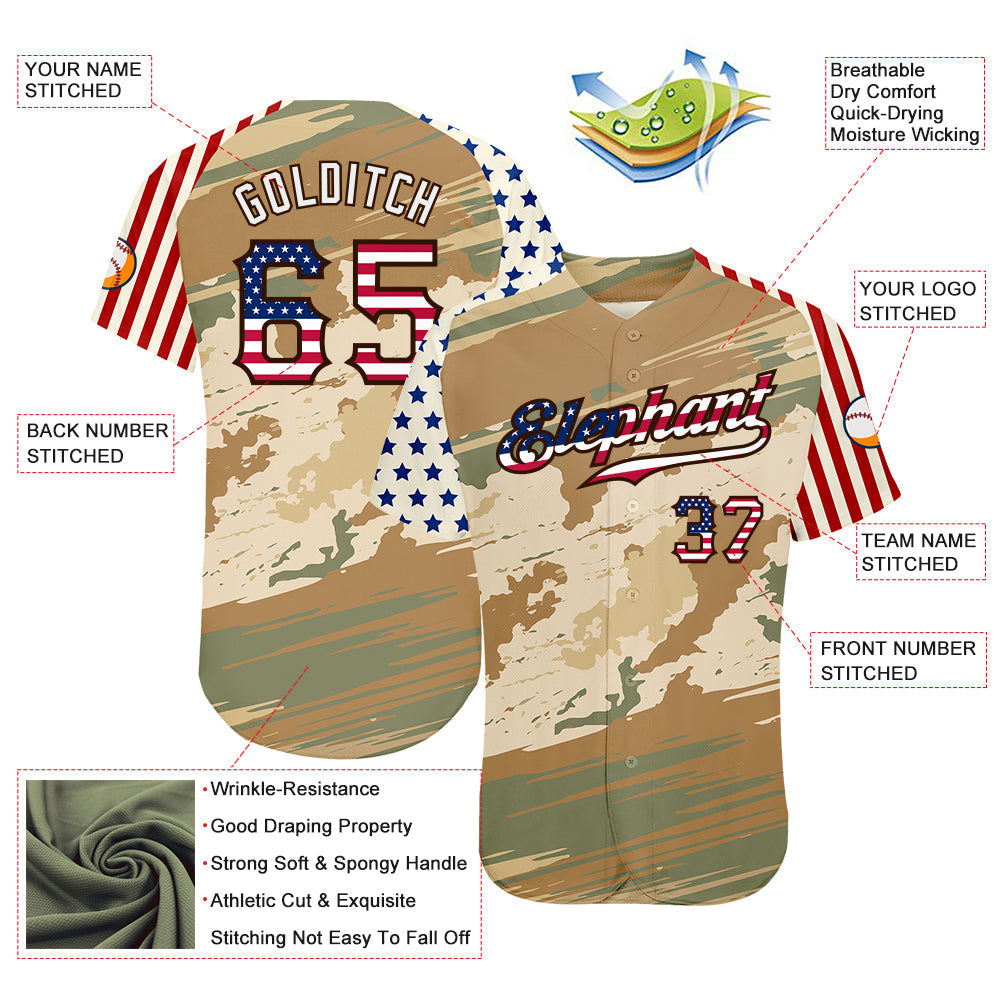 Custom Camo USA Flag Cream-Brown Patriotic Desert Camouflage Stars & Stripes Raglan Sleeves Authentic Baseball Jersey baseball jersey product view 3