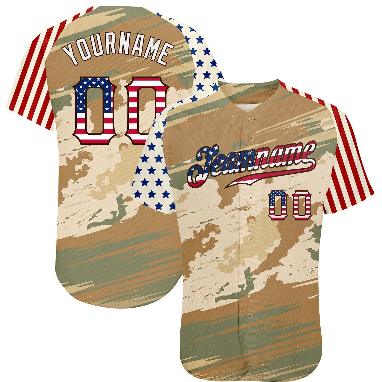 Custom Camo USA Flag Cream-Brown Patriotic Desert Camouflage Stars & Stripes Raglan Sleeves Authentic Baseball Jersey baseball jersey product view 1