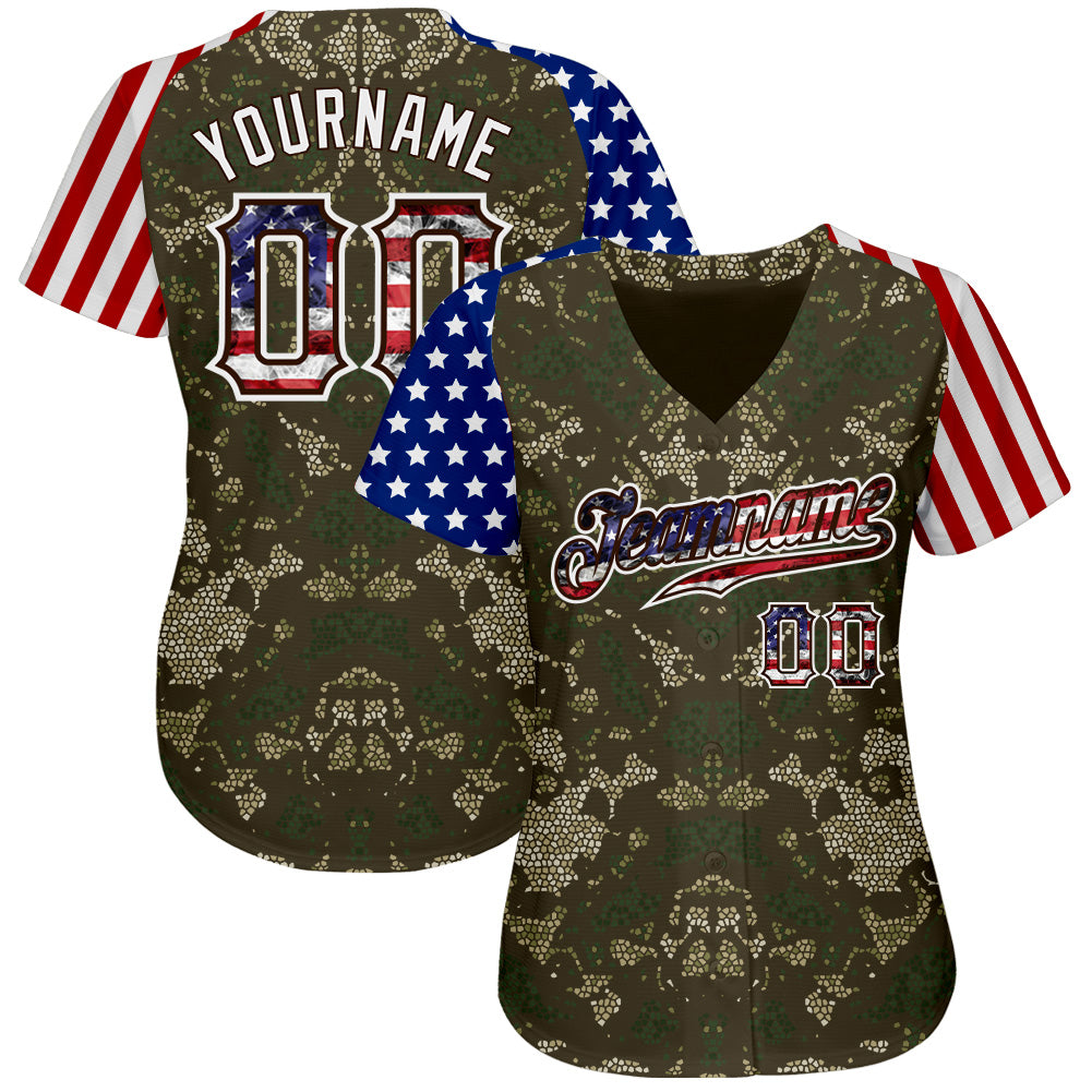 Custom Camo USA Flag Red Blue Brown-White Patriotic Mosaic Camouflage Stars & Stripes Raglan Sleeves Authentic Baseball Jersey baseball jersey product view 2