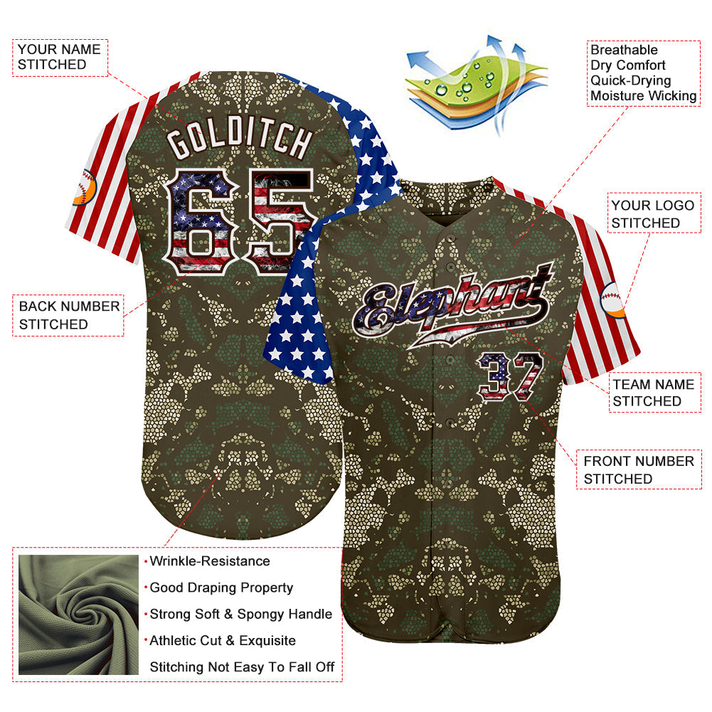 Custom Camo USA Flag Red Blue Brown-White Patriotic Mosaic Camouflage Stars & Stripes Raglan Sleeves Authentic Baseball Jersey baseball jersey product view 3