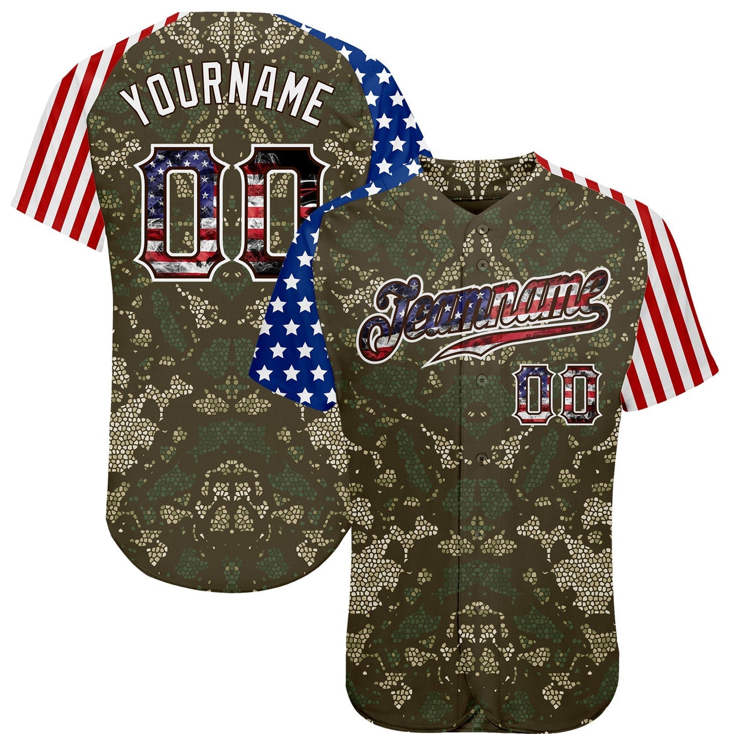 Custom Camo USA Flag Red Blue Brown-White Patriotic Mosaic Camouflage Stars & Stripes Raglan Sleeves Authentic Baseball Jersey baseball jersey product view 1