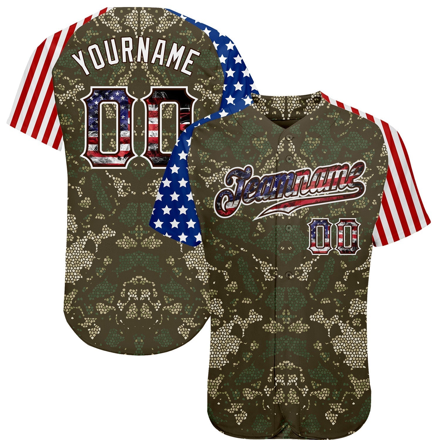 Custom Camo USA Flag Red Blue Brown-White Patriotic Mosaic Camouflage Stars & Stripes Raglan Sleeves Authentic Baseball Jersey baseball jersey product view 1