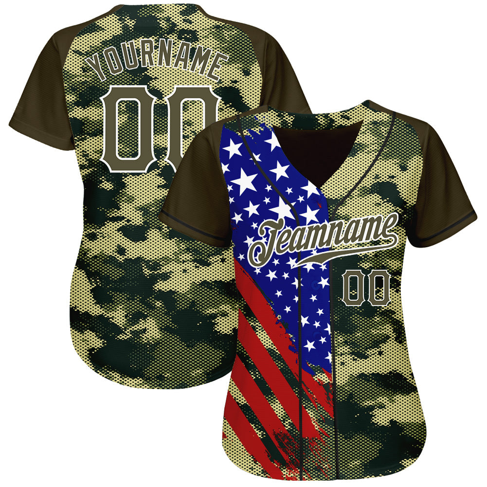 Custom Camo Olive Red Blue Black-White American Flag Side Stripe Patriotic Digital Woodland Camouflage Raglan Sleeves Authentic Baseball Jersey baseball jersey product view 2
