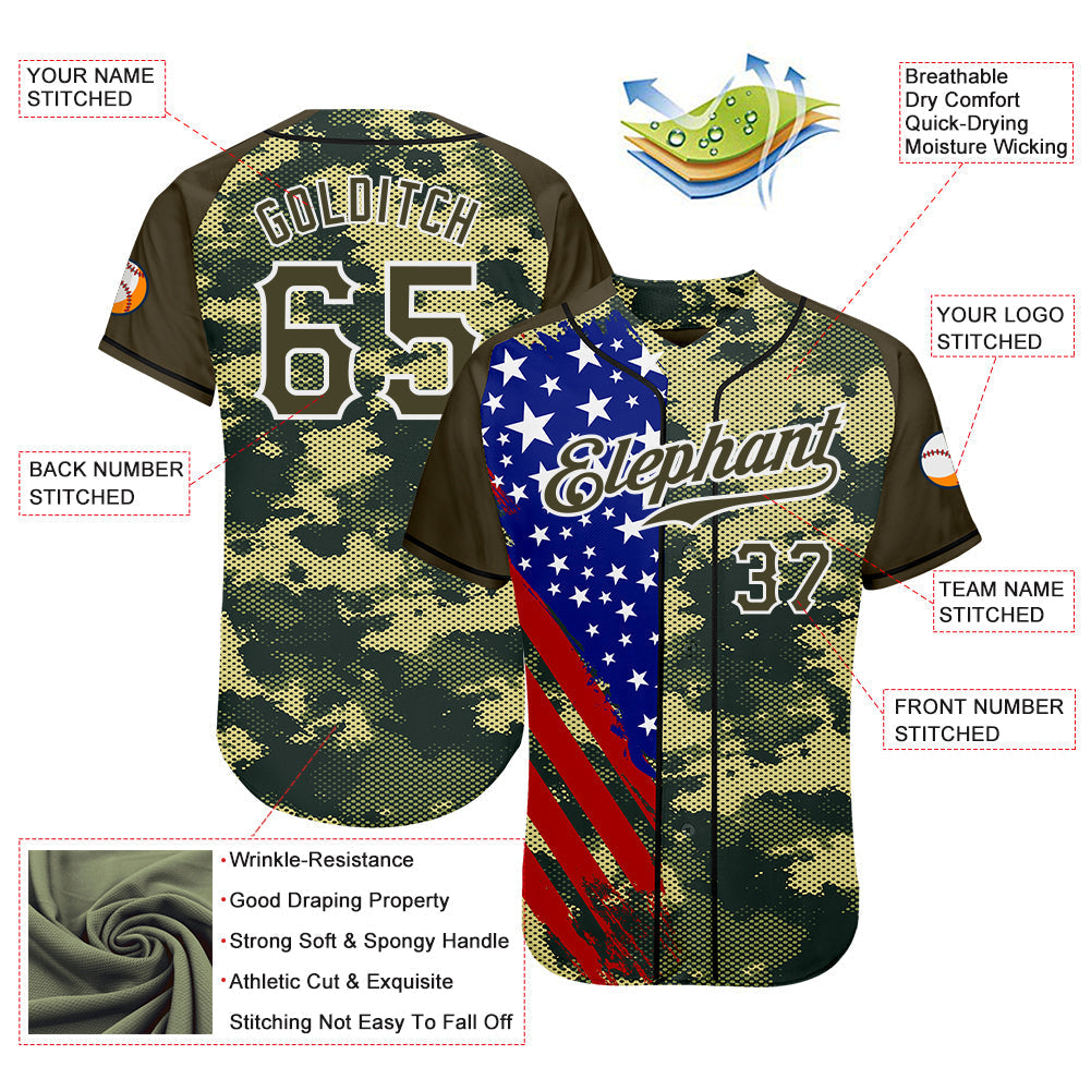 Custom Camo Olive Red Blue Black-White American Flag Side Stripe Patriotic Digital Woodland Camouflage Raglan Sleeves Authentic Baseball Jersey baseball jersey product view 3