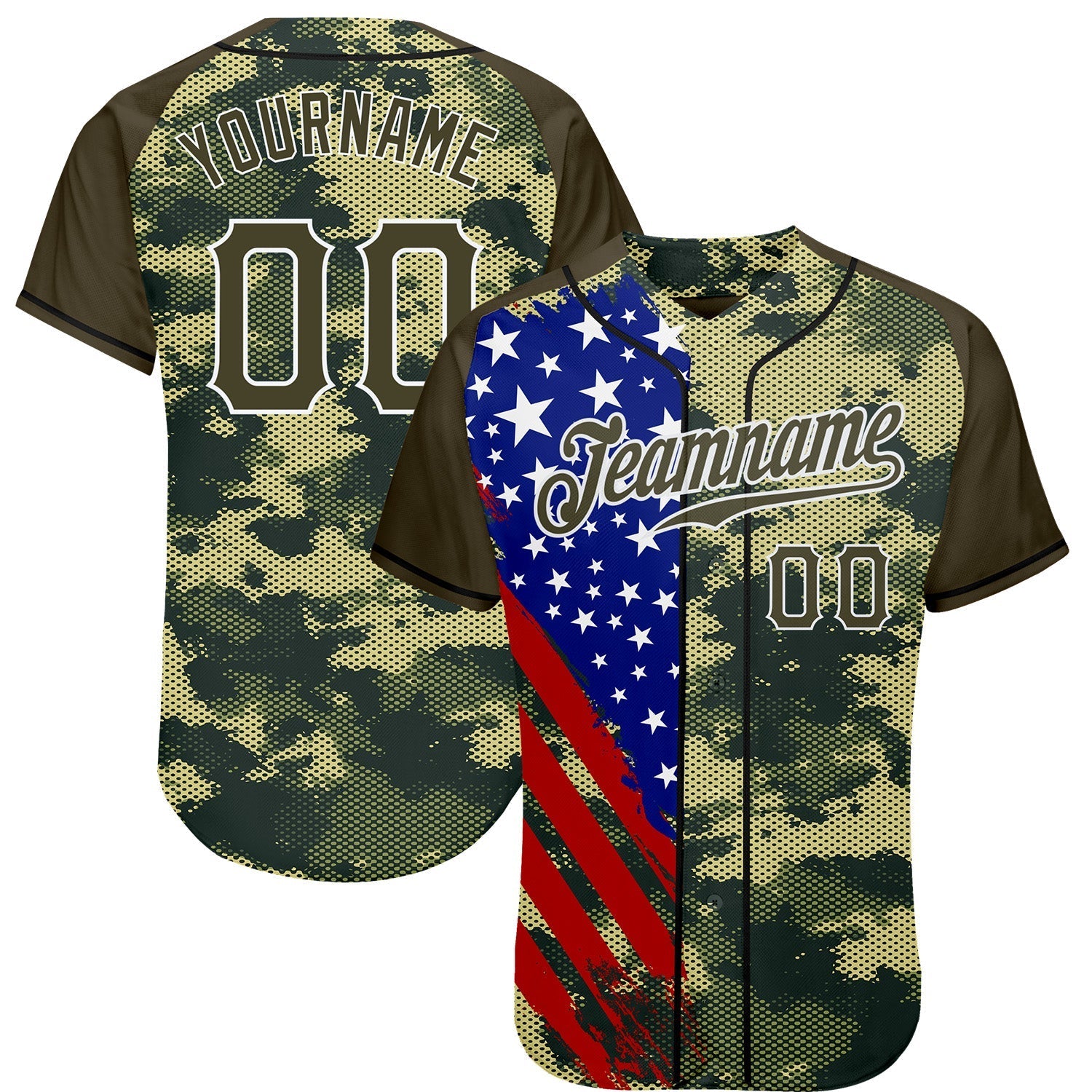 Custom Camo Olive Red Blue Black-White American Flag Side Stripe Patriotic Digital Woodland Camouflage Raglan Sleeves Authentic Baseball Jersey baseball jersey product view 1