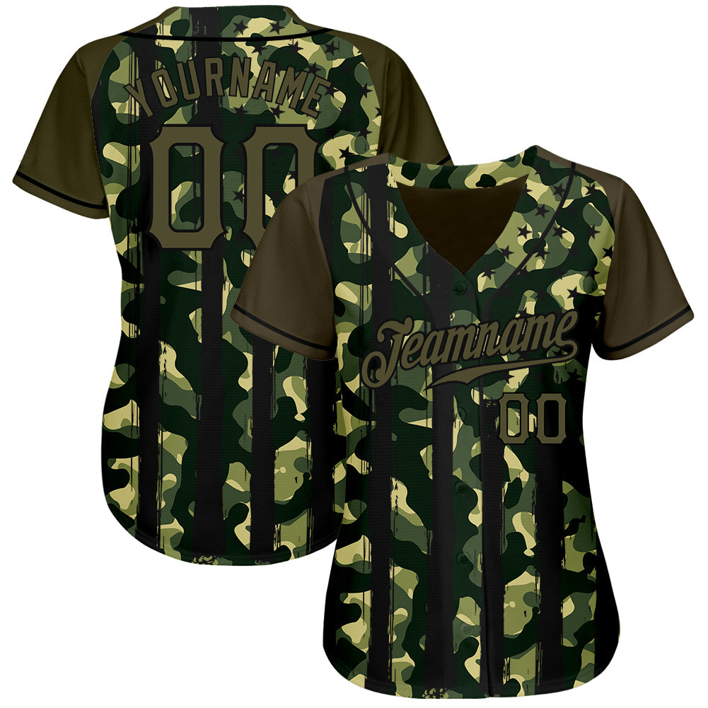 Custom Camo Olive-Black Distressed American Flag Patriotic Raglan Sleeves Authentic Baseball Jersey baseball jersey product view 2