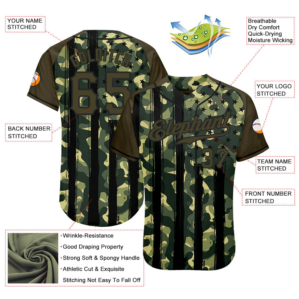 Custom Camo Olive-Black Distressed American Flag Patriotic Raglan Sleeves Authentic Baseball Jersey baseball jersey product view 3