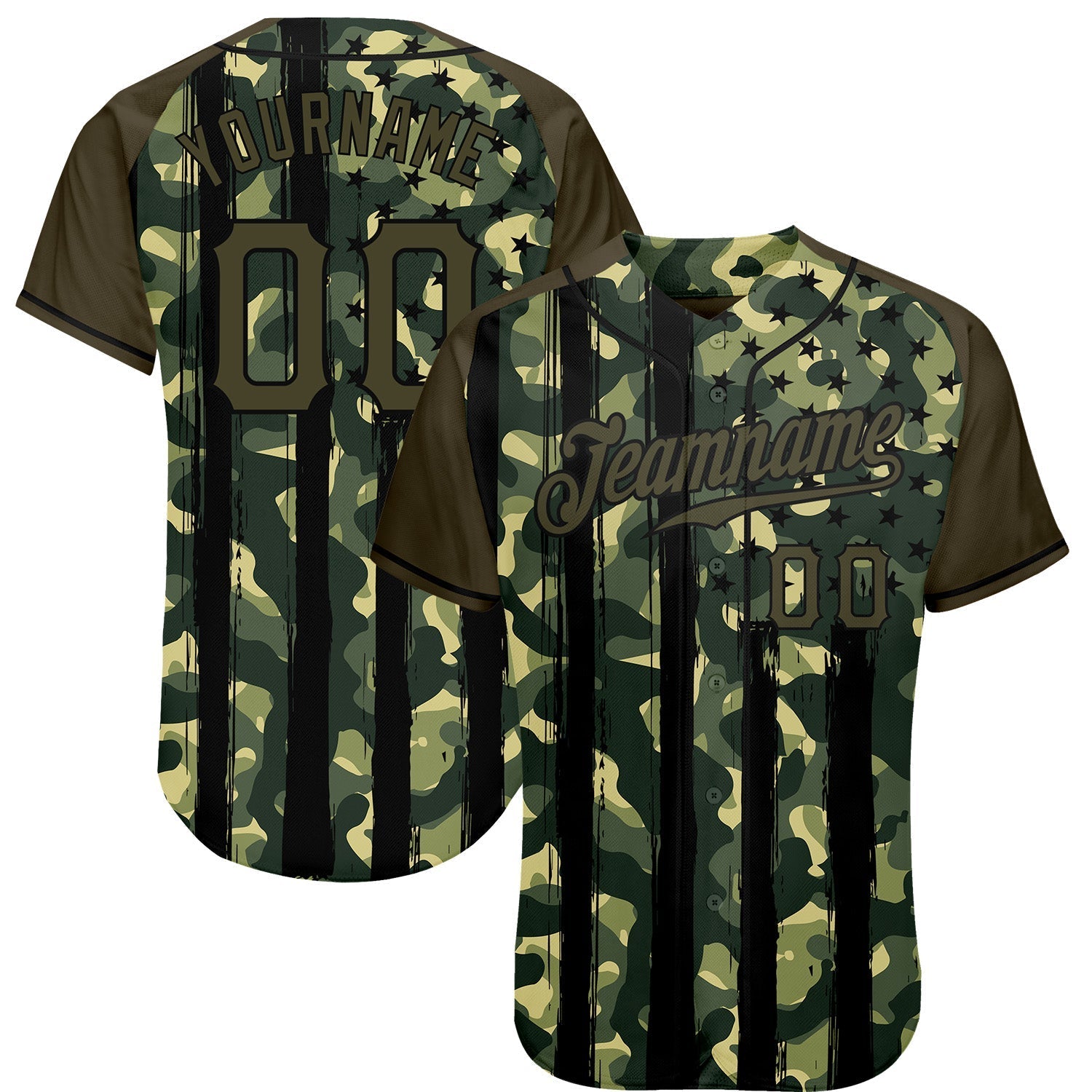 Custom Camo Olive-Black Distressed American Flag Patriotic Raglan Sleeves Authentic Baseball Jersey baseball jersey product view 1