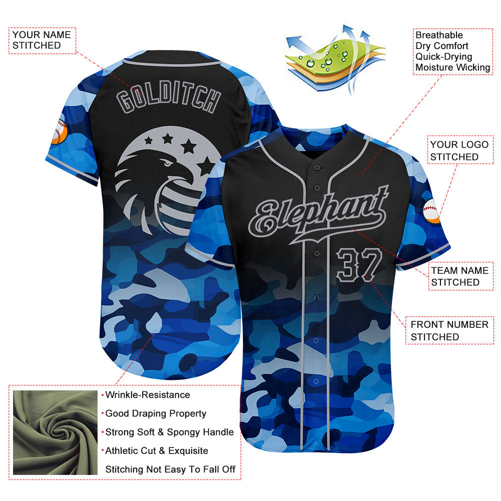 Custom Camo Black-Gray American Flag Patriotic Eagle Raglan Sleeves Authentic Baseball Jersey baseball jersey product view 3