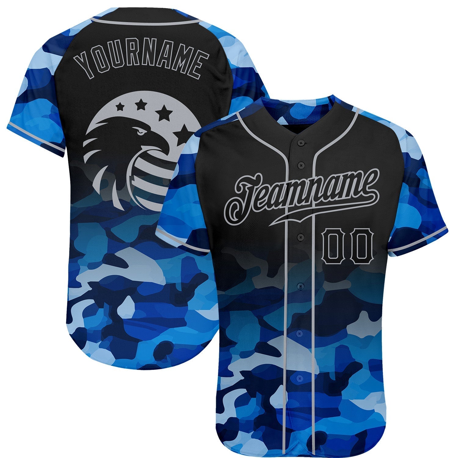 Custom Camo Black-Gray American Flag Patriotic Eagle Raglan Sleeves Authentic Baseball Jersey baseball jersey product view 1