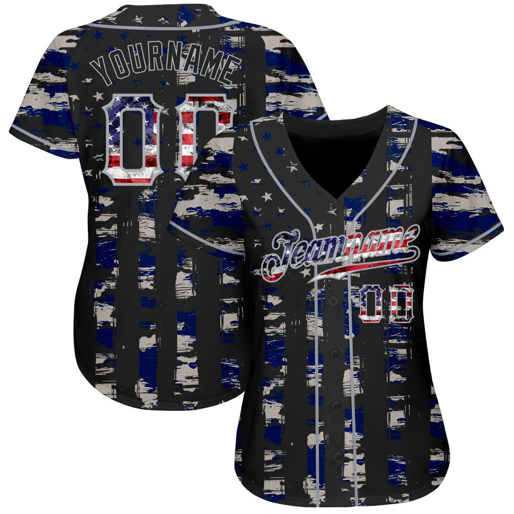 Custom Black USA Flag-Gray Distressed Grunge Patriotic Raglan Sleeves Authentic Baseball Jersey baseball jersey product view 2