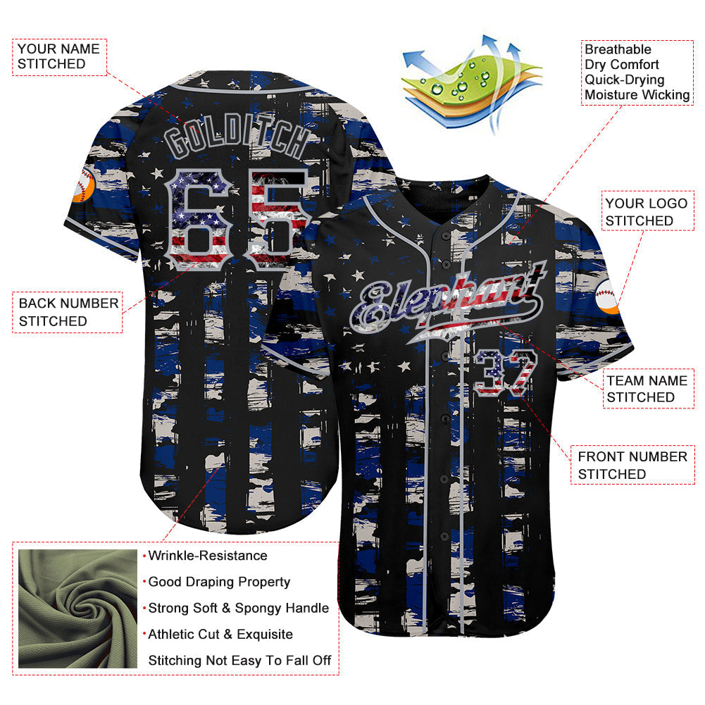 Custom Black USA Flag-Gray Distressed Grunge Patriotic Raglan Sleeves Authentic Baseball Jersey baseball jersey product view 3