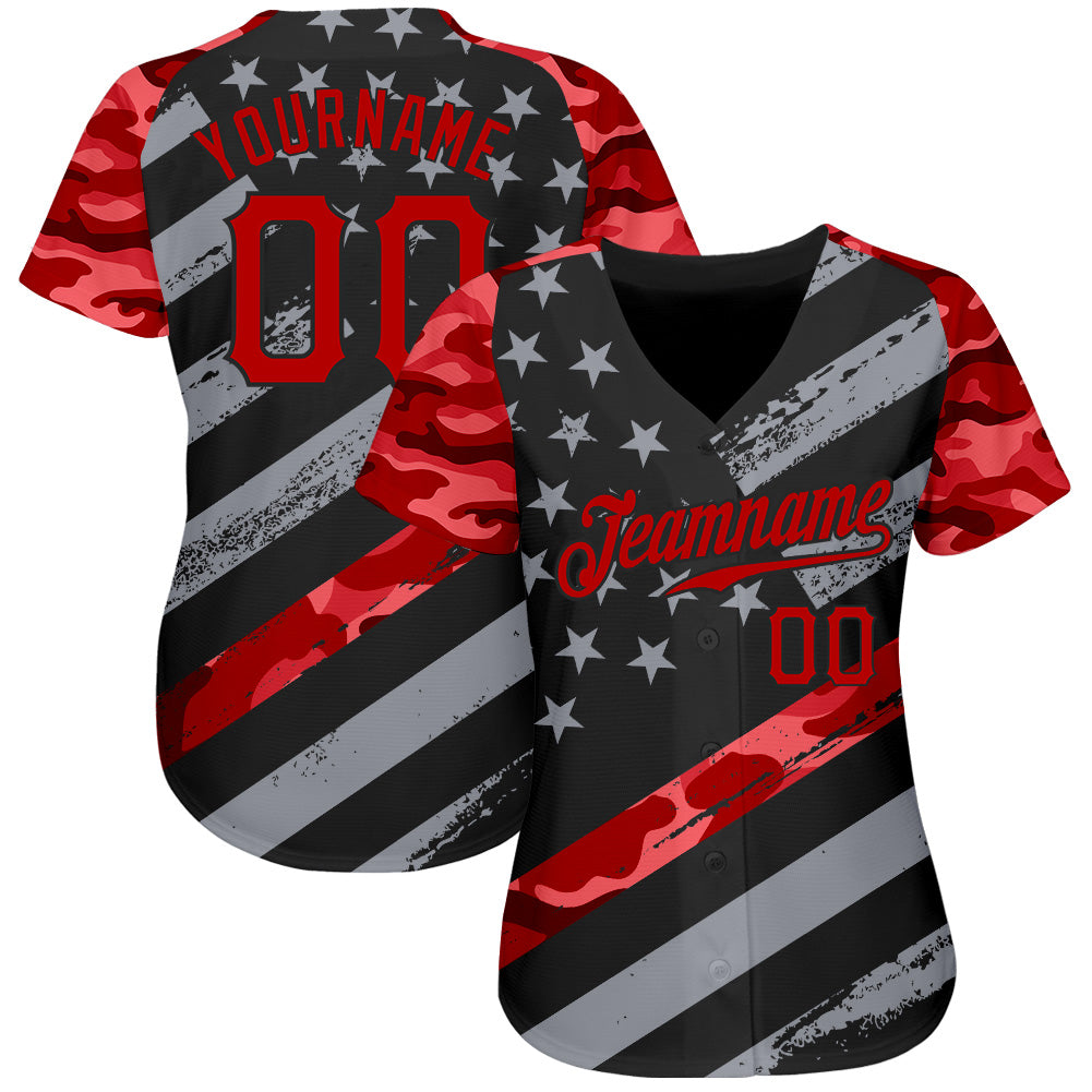 Custom Black Red American Flag Patriotic Camo Raglan Sleeves Authentic Baseball Jersey baseball jersey product view 2