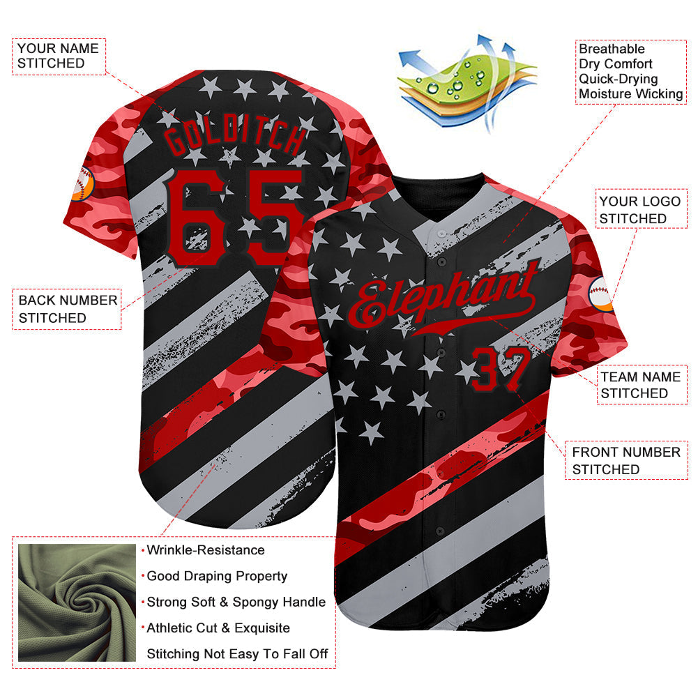 Custom Black Red American Flag Patriotic Camo Raglan Sleeves Authentic Baseball Jersey baseball jersey product view 3