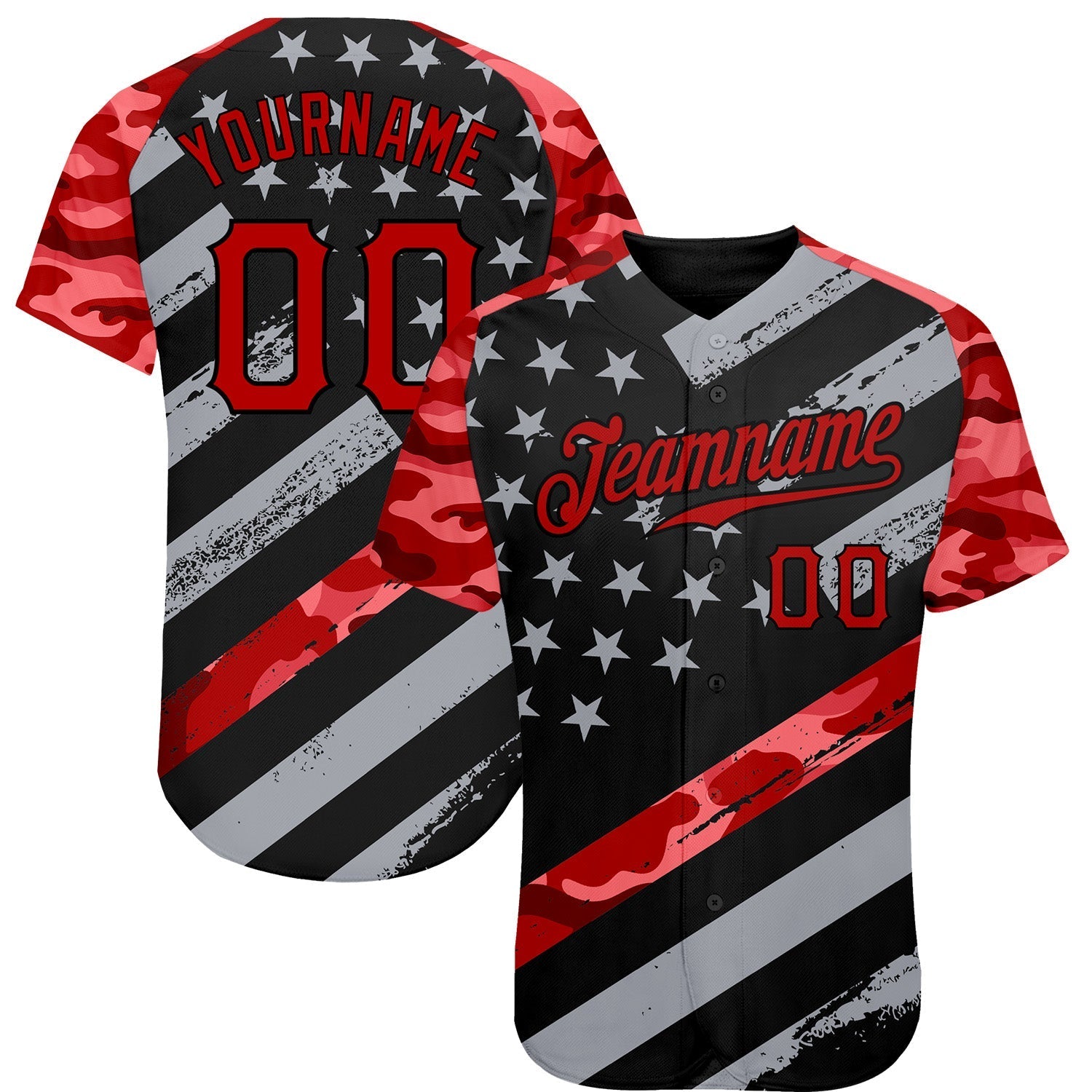 Custom Black Red American Flag Patriotic Camo Raglan Sleeves Authentic Baseball Jersey baseball jersey product view 1