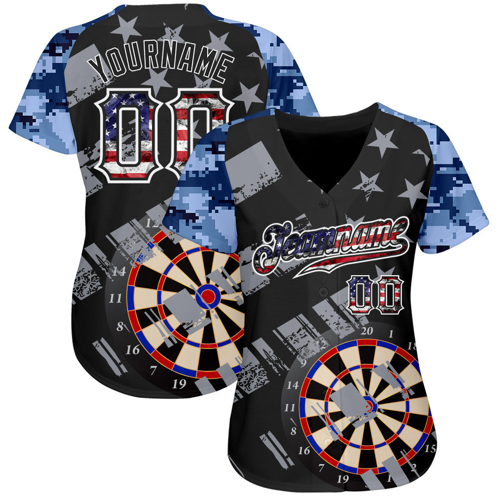 Custom Black USA Flag-White Darts Patriotic Mosaic Camo Raglan Sleeves Authentic Baseball Jersey baseball jersey product view 2