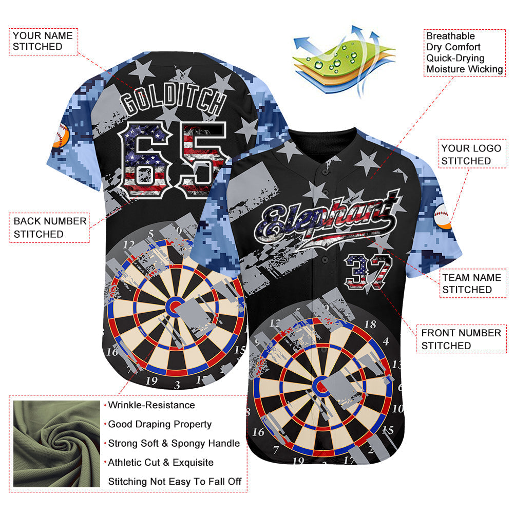 Custom Black USA Flag-White Darts Patriotic Mosaic Camo Raglan Sleeves Authentic Baseball Jersey baseball jersey product view 3