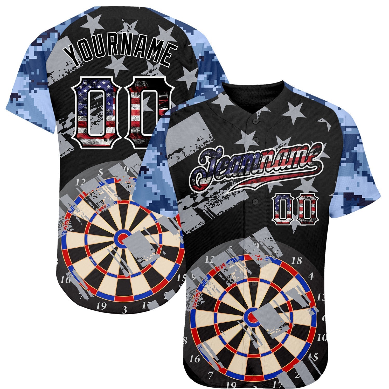 Custom Black USA Flag-White Darts Patriotic Mosaic Camo Raglan Sleeves Authentic Baseball Jersey baseball jersey product view 1