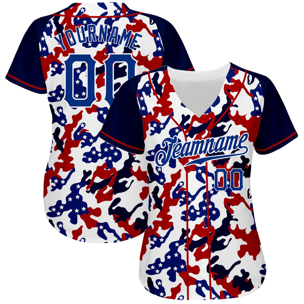 Custom White Royal Red-Navy Camo American Flag Patriotic Raglan Sleeves Authentic Baseball Jersey baseball jersey product view 2