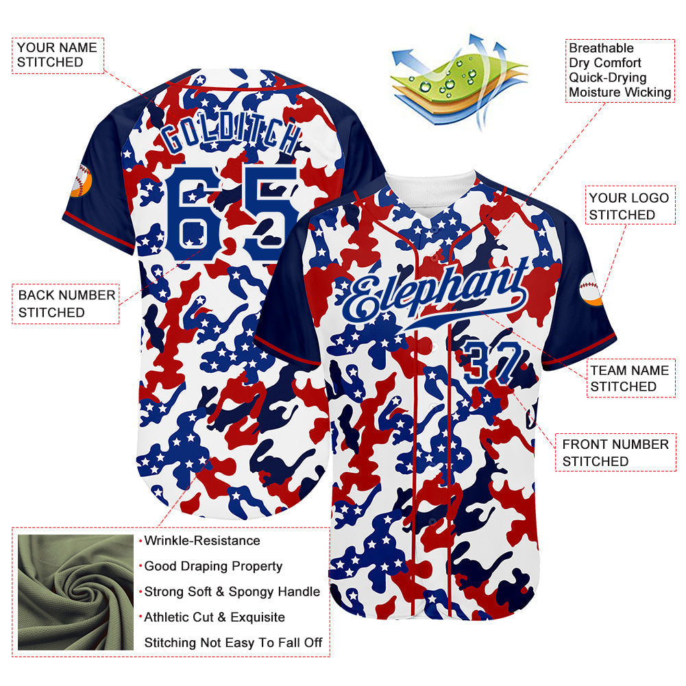 Custom White Royal Red-Navy Camo American Flag Patriotic Raglan Sleeves Authentic Baseball Jersey baseball jersey product view 3