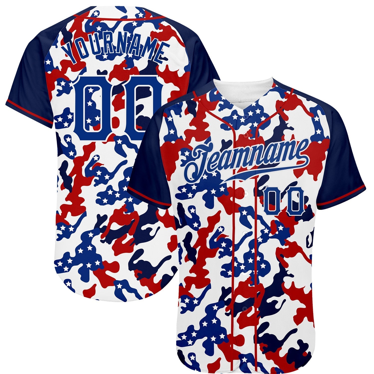 Custom White Royal Red-Navy Camo American Flag Patriotic Raglan Sleeves Authentic Baseball Jersey baseball jersey product view 1