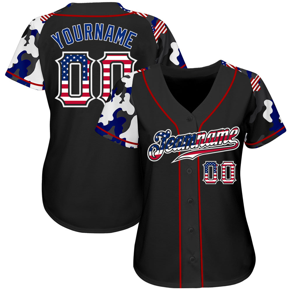 Custom Black USA Flag Red-White Patriotic Camo Raglan Sleeves Authentic Baseball Jersey baseball jersey product view 2