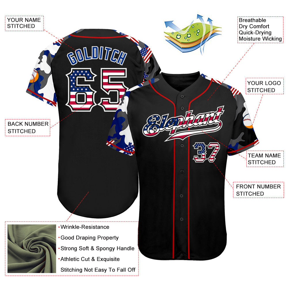 Custom Black USA Flag Red-White Patriotic Camo Raglan Sleeves Authentic Baseball Jersey baseball jersey product view 3