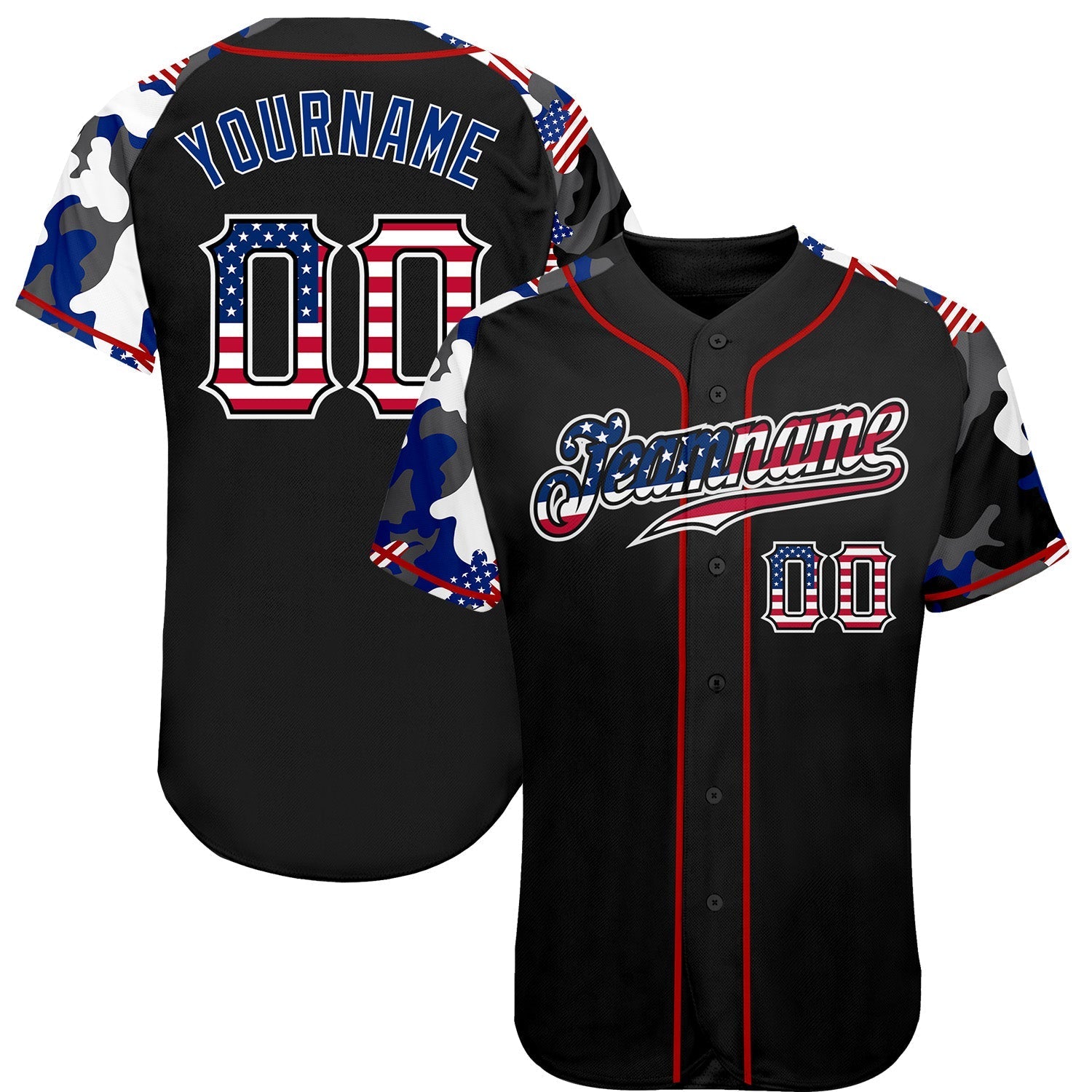 Custom Black USA Flag Red-White Patriotic Camo Raglan Sleeves Authentic Baseball Jersey baseball jersey product view 1