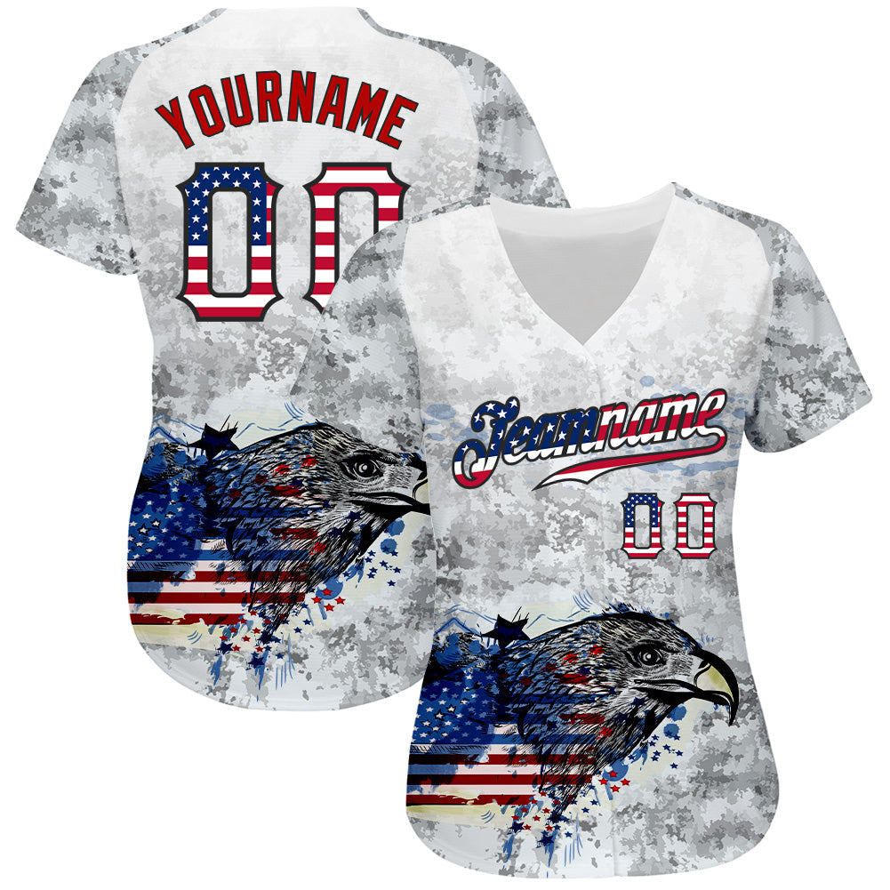 Custom White USA Flag Red-Black Bald Eagle Patriotic Grunge Camo Raglan Sleeves Authentic Baseball Jersey baseball jersey product view 2