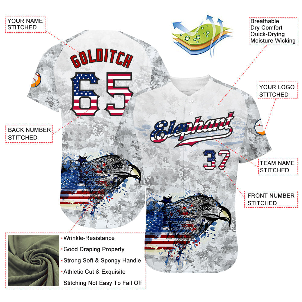 Custom White USA Flag Red-Black Bald Eagle Patriotic Grunge Camo Raglan Sleeves Authentic Baseball Jersey baseball jersey product view 3