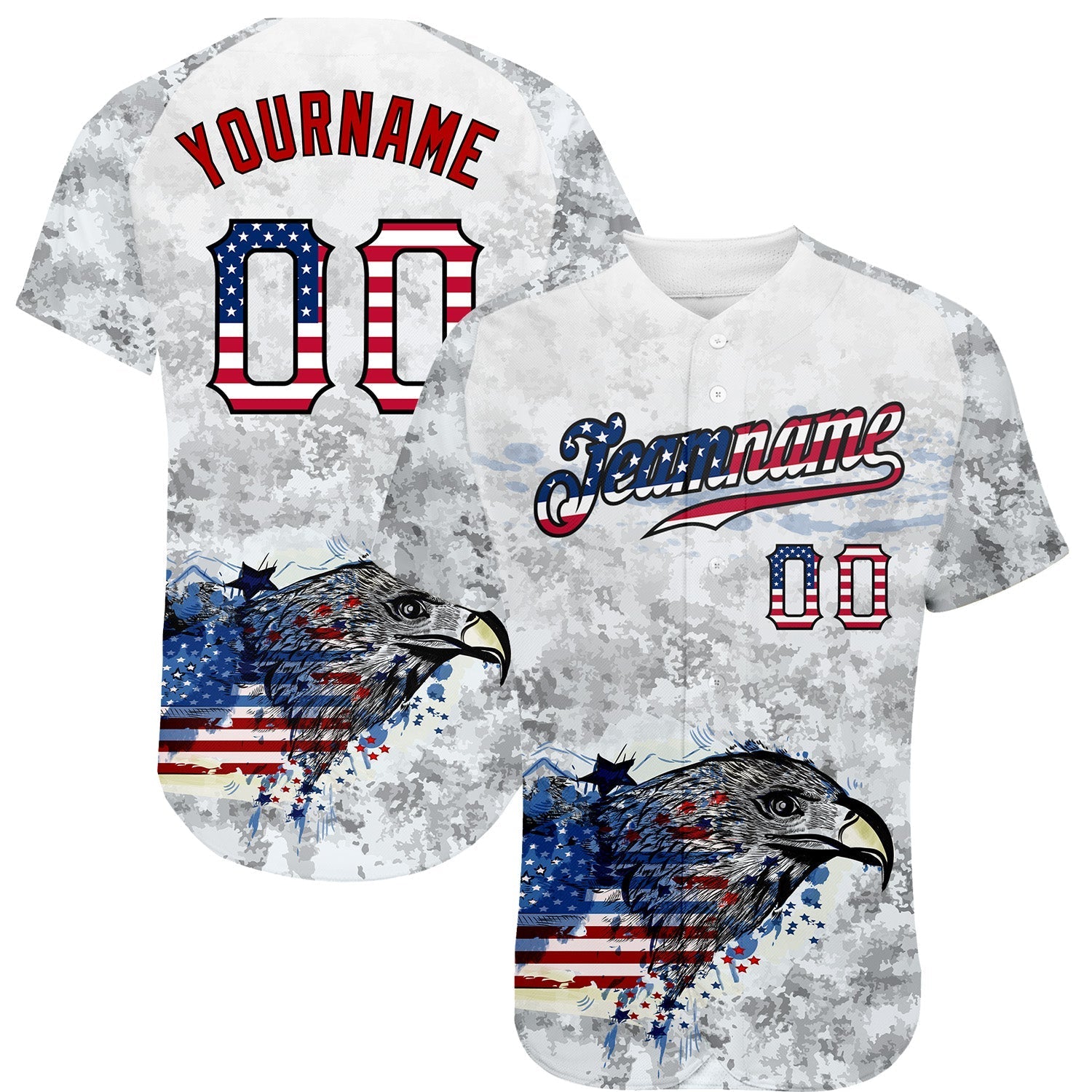 Custom White USA Flag Red-Black Bald Eagle Patriotic Grunge Camo Raglan Sleeves Authentic Baseball Jersey baseball jersey product view 1