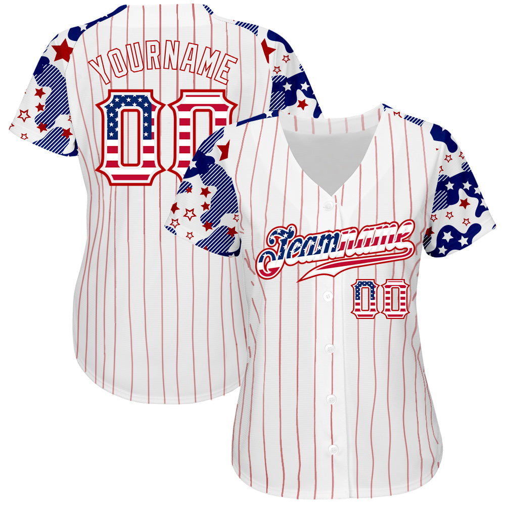 Custom White Red Pinstripe USA Flag-Blue Patriotic Stars & Stripes Raglan Sleeves Authentic Baseball Jersey baseball jersey product view 2