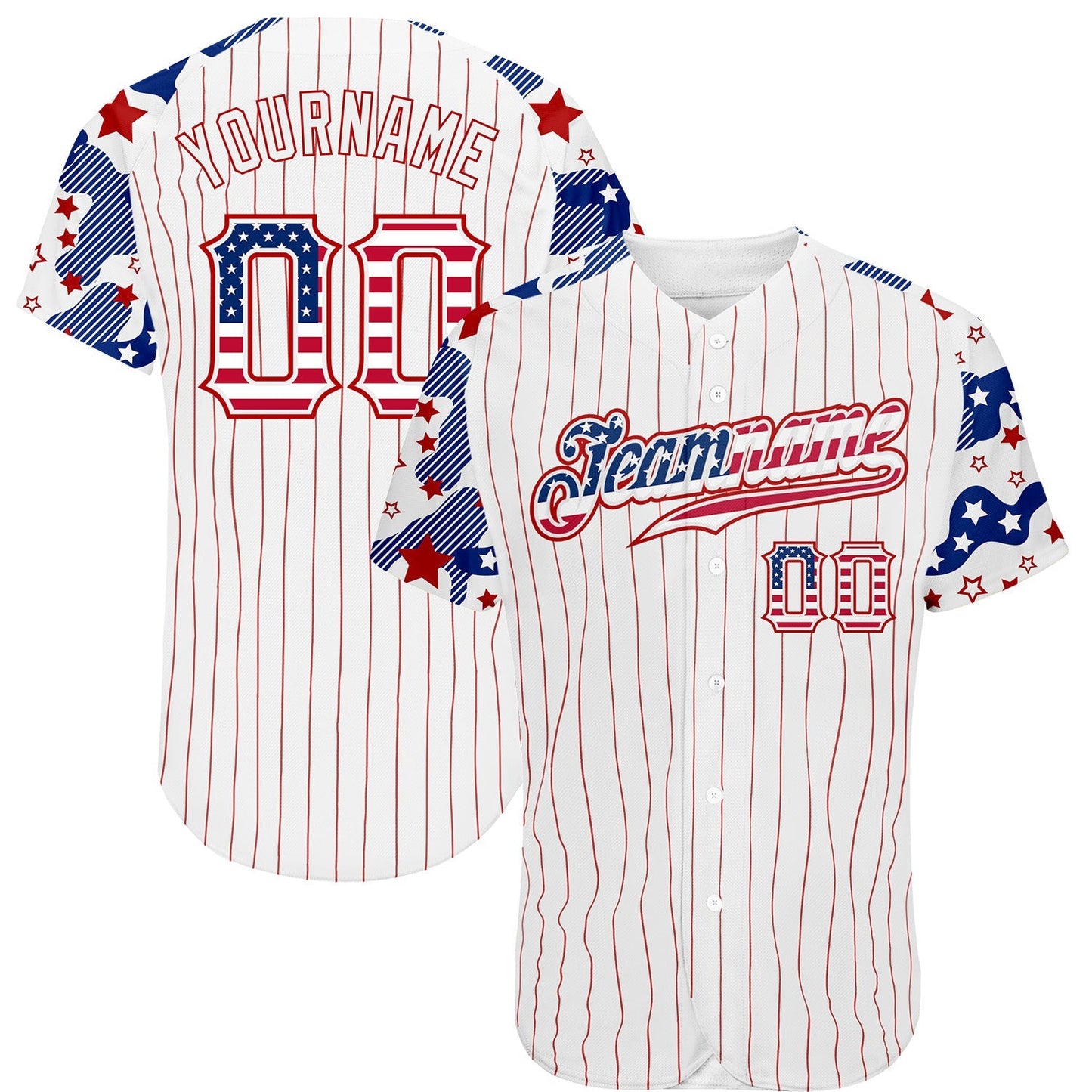 Custom White Red Pinstripe USA Flag-Blue Patriotic Stars & Stripes Raglan Sleeves Authentic Baseball Jersey baseball jersey product view 1