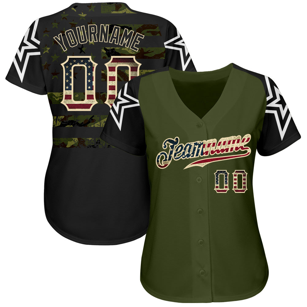 Custom Olive Vintage USA Flag Black Camo-Cream Patriotic Stars Raglan Sleeves Authentic Baseball Jersey baseball jersey product view 2