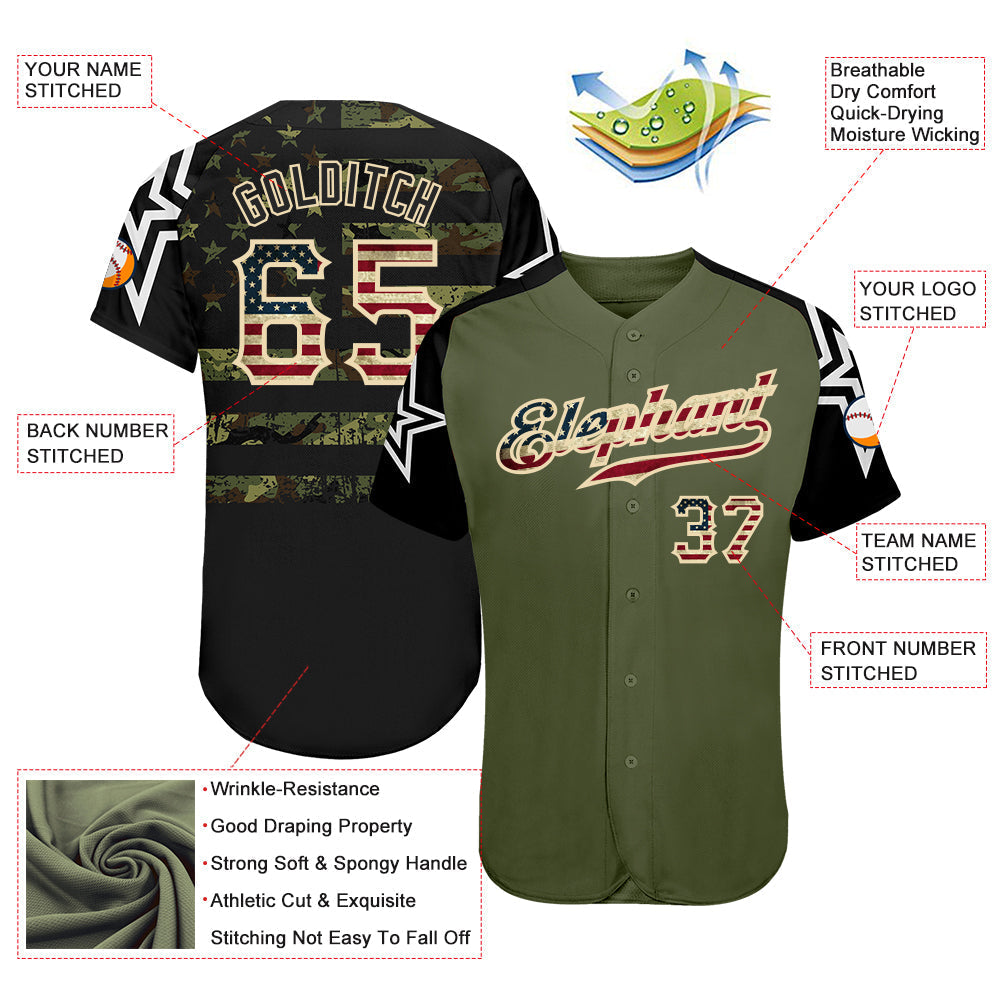 Custom Olive Vintage USA Flag Black Camo-Cream Patriotic Stars Raglan Sleeves Authentic Baseball Jersey baseball jersey product view 3