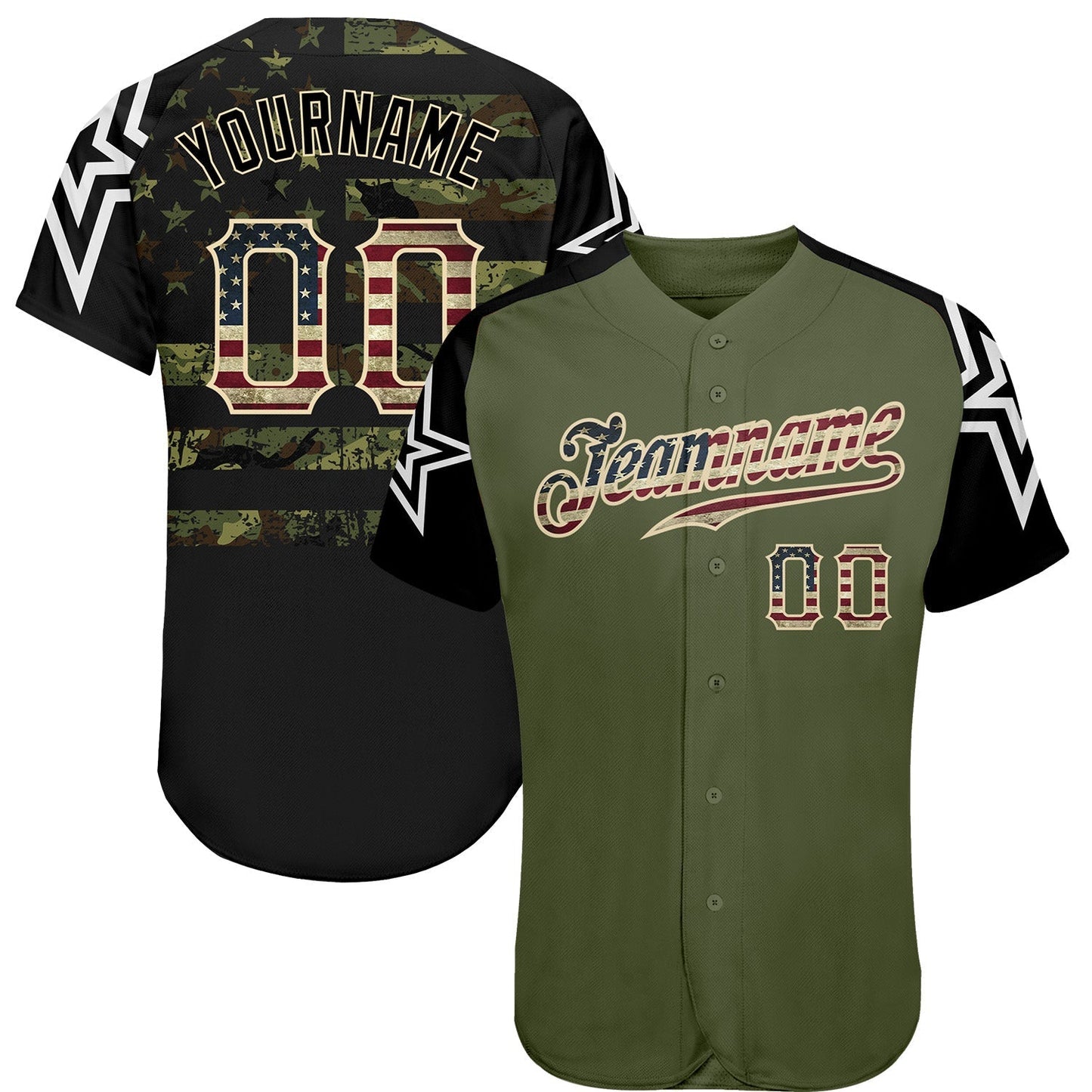 Custom Olive Vintage USA Flag Black Camo-Cream Patriotic Stars Raglan Sleeves Authentic Baseball Jersey baseball jersey product view 1