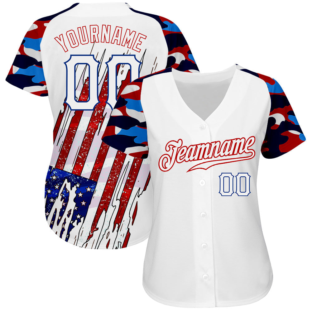Custom White Red-Royal Patriotic American Flag Camo Raglan Sleeves Authentic Baseball Jersey baseball jersey product view 2