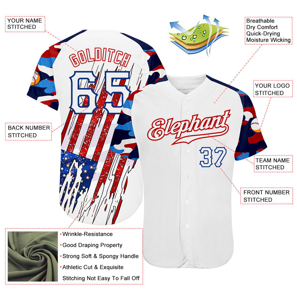 Custom White Red-Royal Patriotic American Flag Camo Raglan Sleeves Authentic Baseball Jersey baseball jersey product view 3