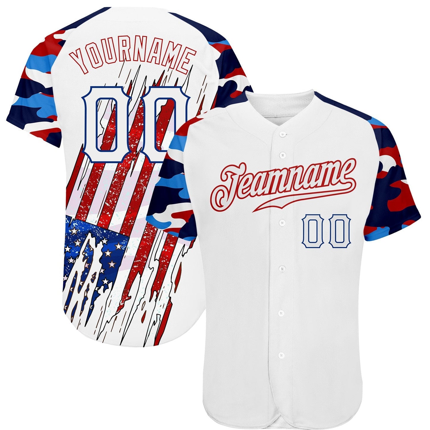 Custom White Red-Royal Patriotic American Flag Camo Raglan Sleeves Authentic Baseball Jersey baseball jersey product view 1
