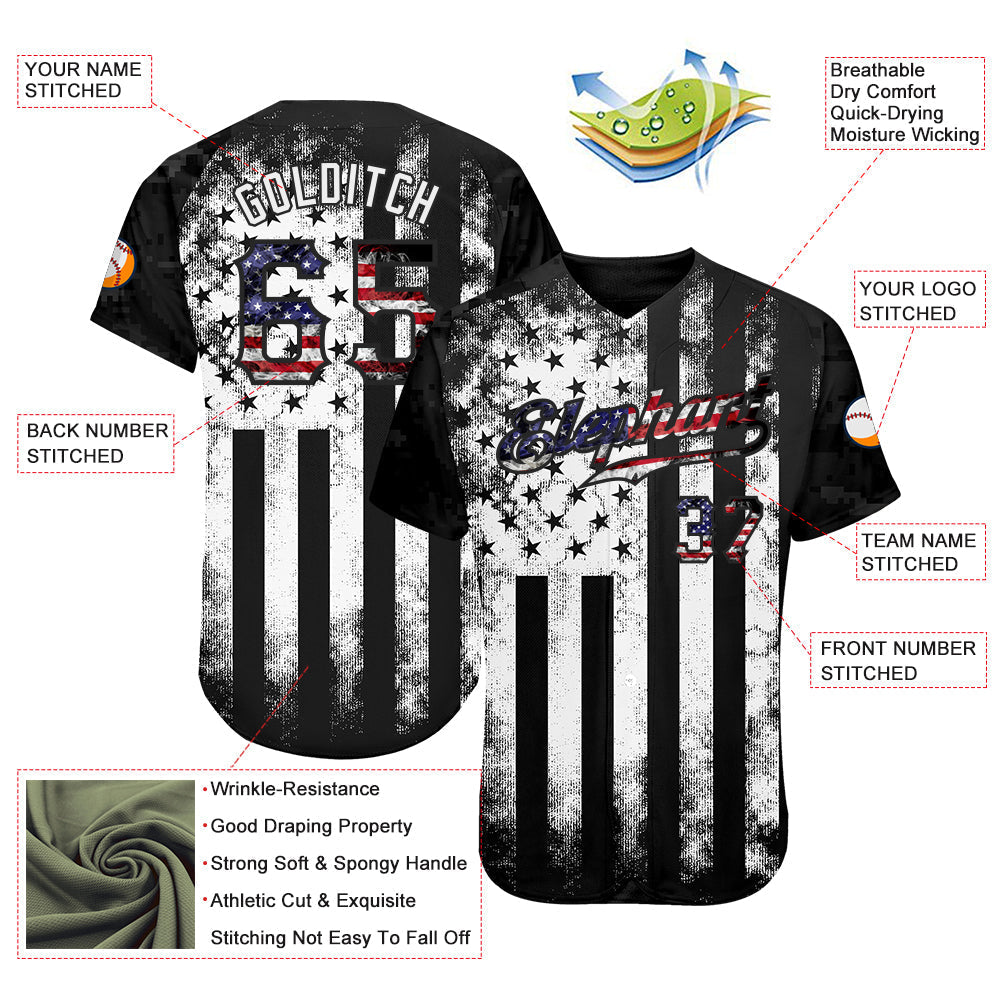 Custom Black USA Flag-White Patriotic Distressed Grunge Desert Camouflage Raglan Sleeves Authentic Baseball Jersey baseball jersey product view 3