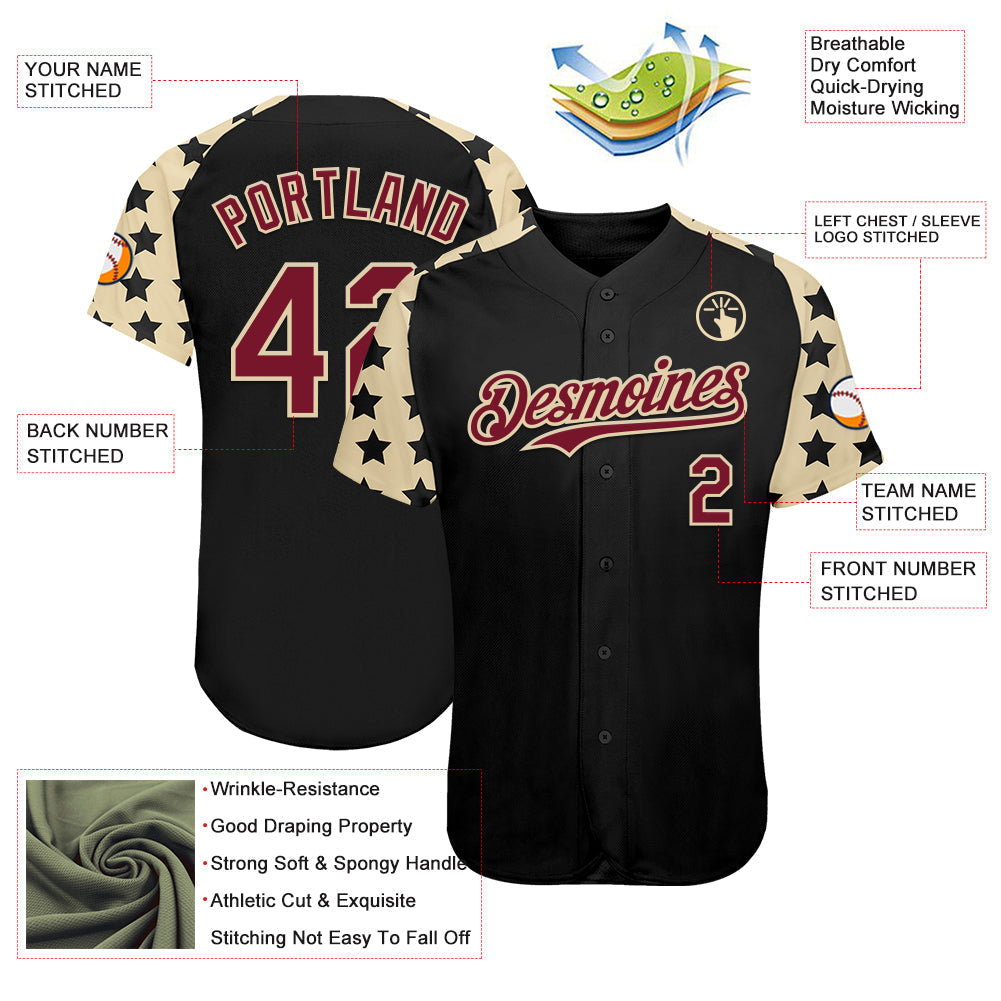 Custom Black Crimson-Cream Star Raglan Sleeves Authentic Baseball Jersey baseball jersey product view 3