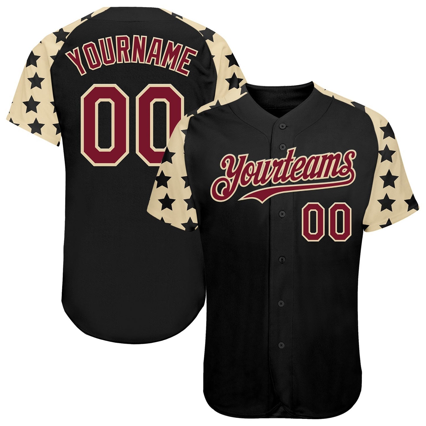 Custom Black Crimson-Cream Star Raglan Sleeves Authentic Baseball Jersey baseball jersey product view 1