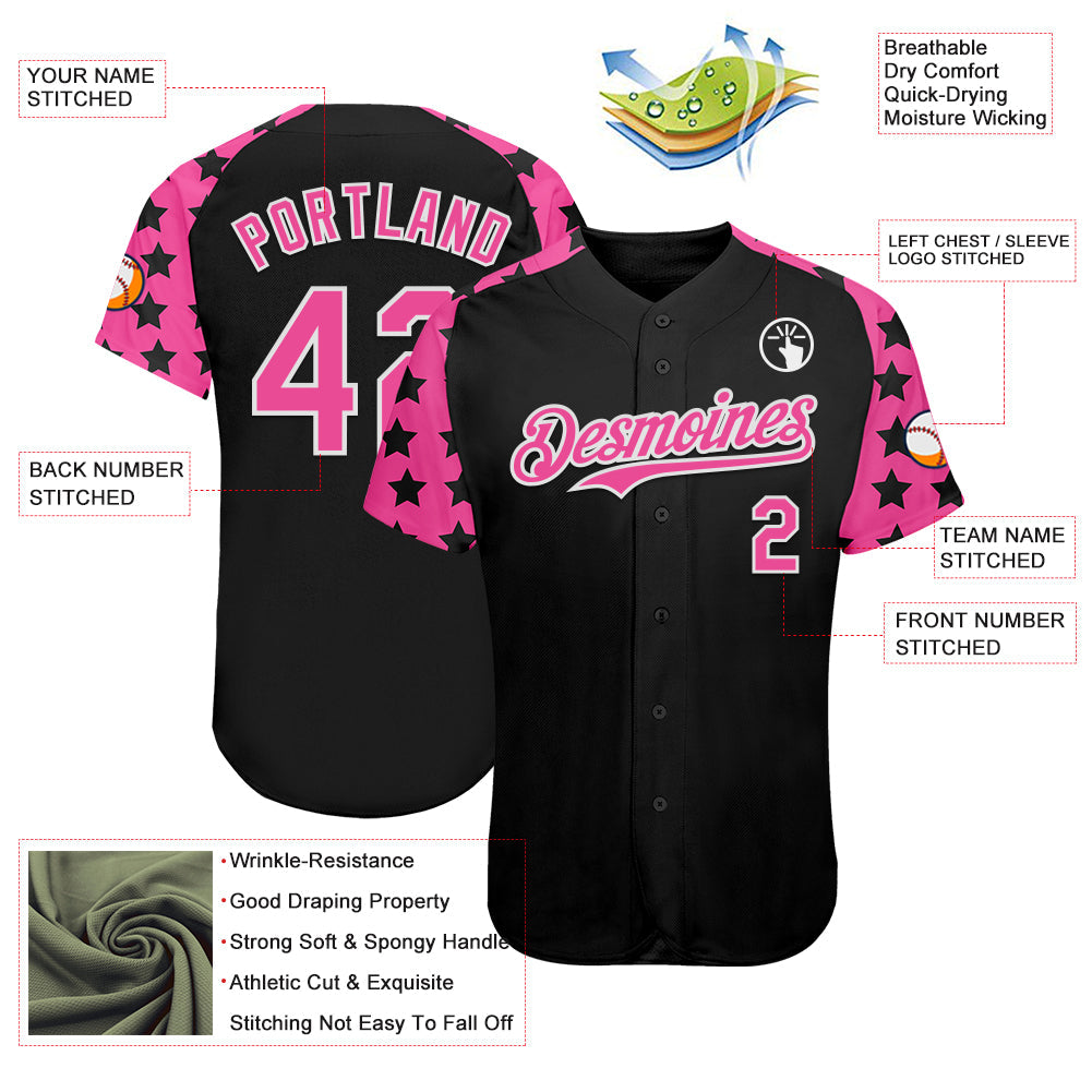 Custom Black Pink-White Star Raglan Sleeves Authentic Baseball Jersey baseball jersey product view 3