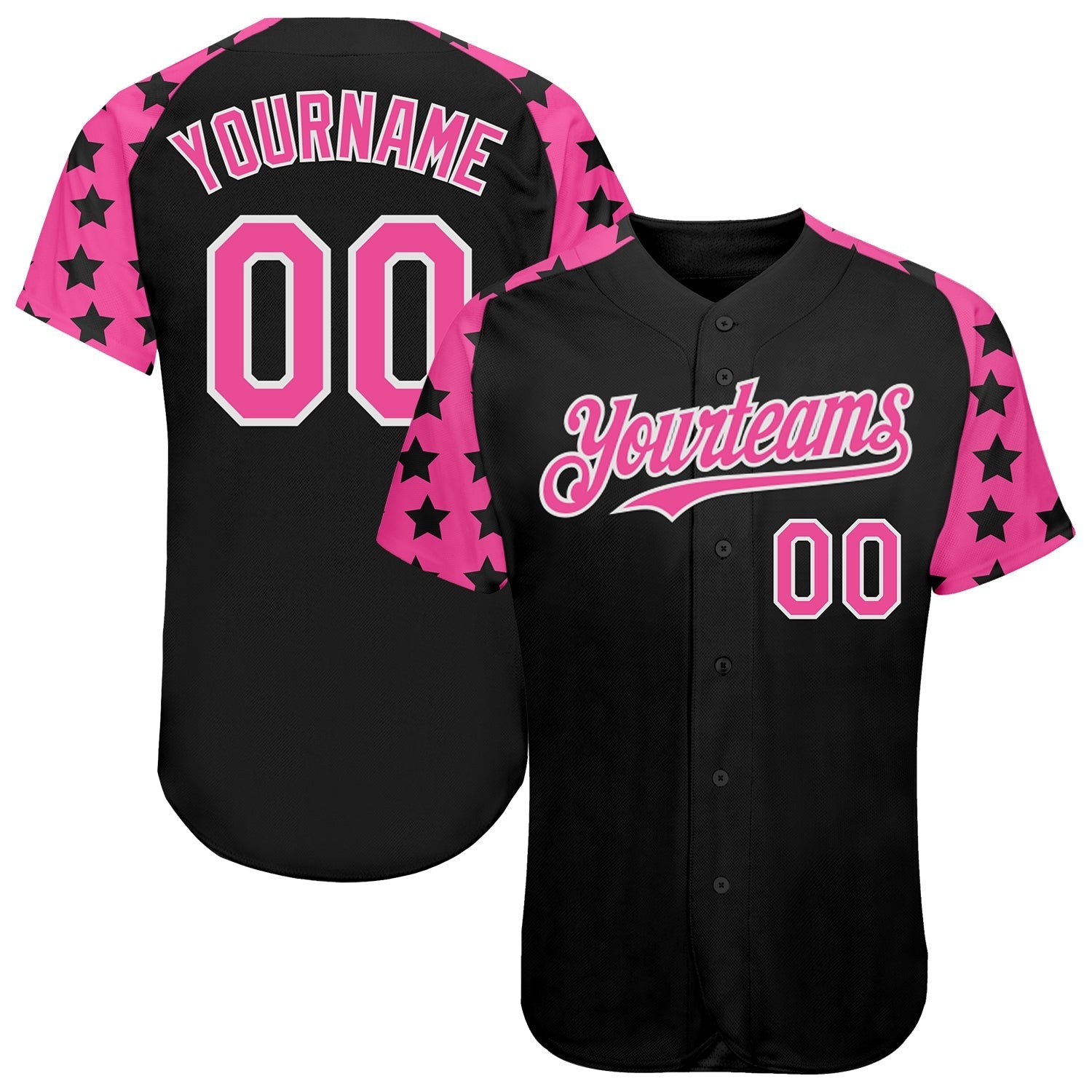 Custom Black Pink-White Star Raglan Sleeves Authentic Baseball Jersey baseball jersey product view 1